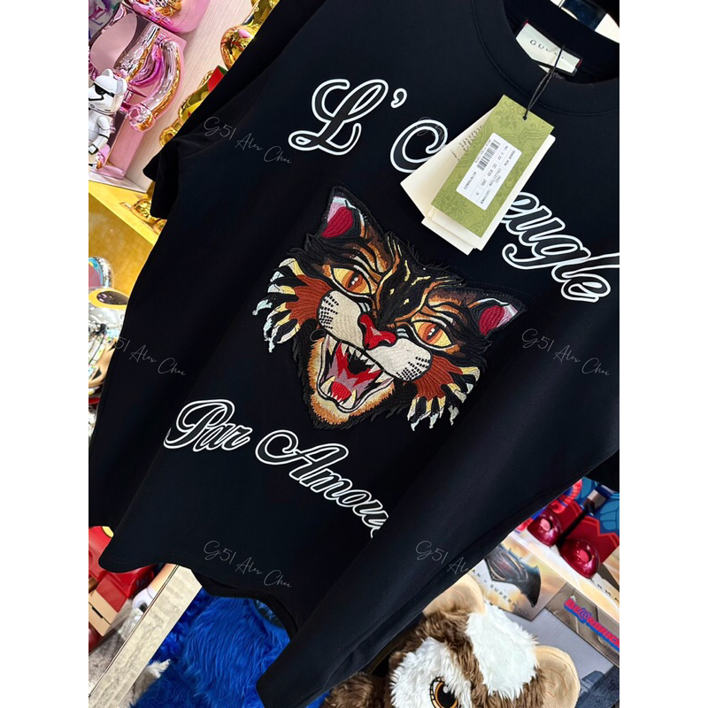 ⚡️[Hight Quality] Hàng Có Sẵn!! Áo GC Nam Nữ GG Angry Cat Washed Tshirt - Họa Tiết Mèo Thêu Phối Chữ L'Aveugle Đơn Giản