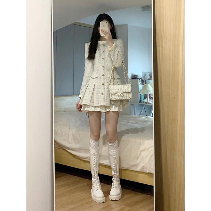 Đầm mini dạ tweed tay dài thiết kế tiểu thư sang trọng - váy dáng ngắn dài tay chất dạ cho nữ