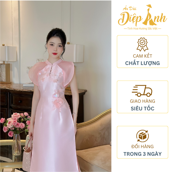 Áo dài Cách Tân Đính Hoa, Chất Vải Tafta Màu Hồng Ngọt Ngào Siu Sang