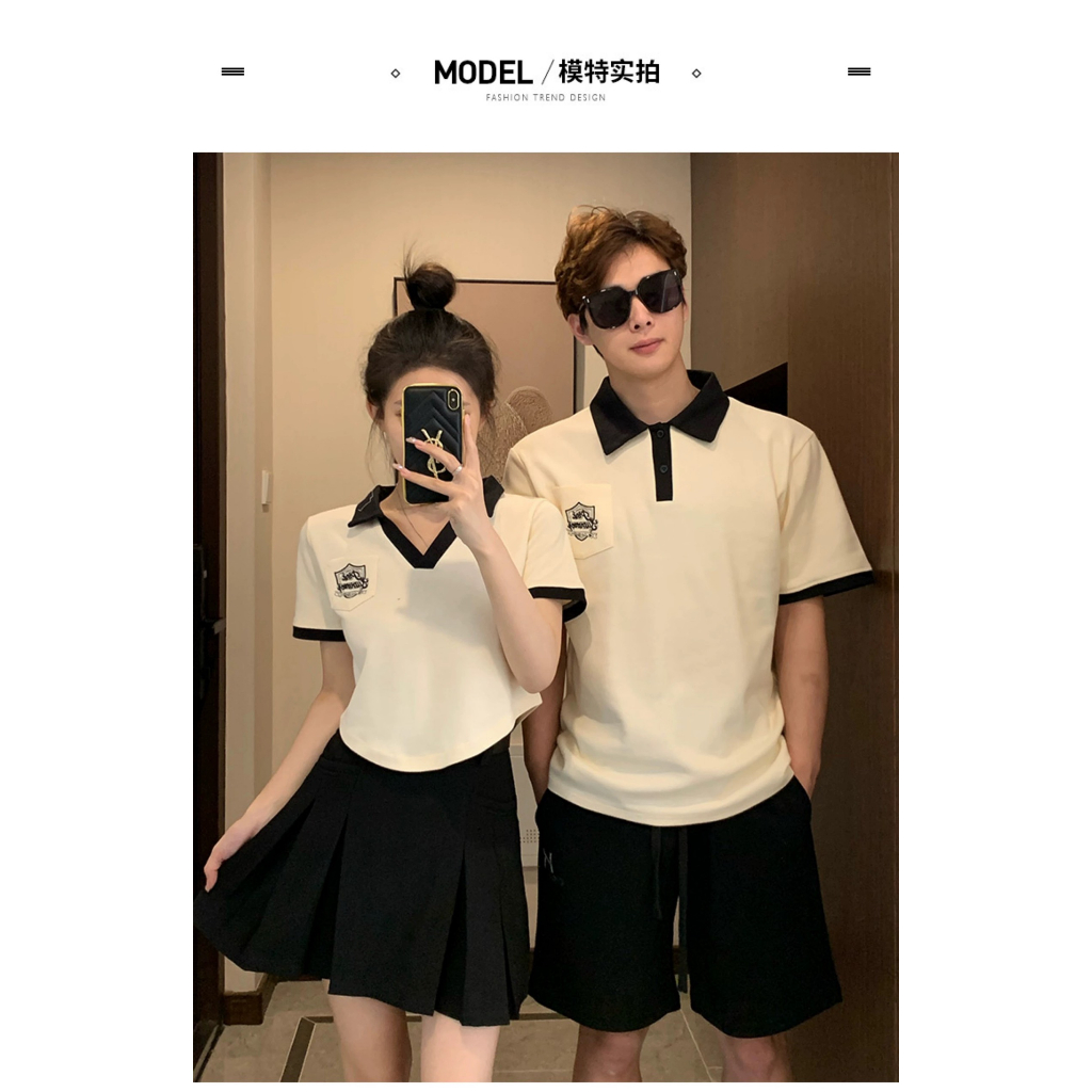 Couple  Polo Set Áo Đôi Nam Nữ Tay Ngắn Thêu Hình Chất Cotton Dày Dặn