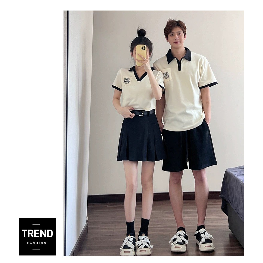 Couple  Polo Set Áo Đôi Nam Nữ Tay Ngắn Thêu Hình Chất Cotton Dày Dặn
