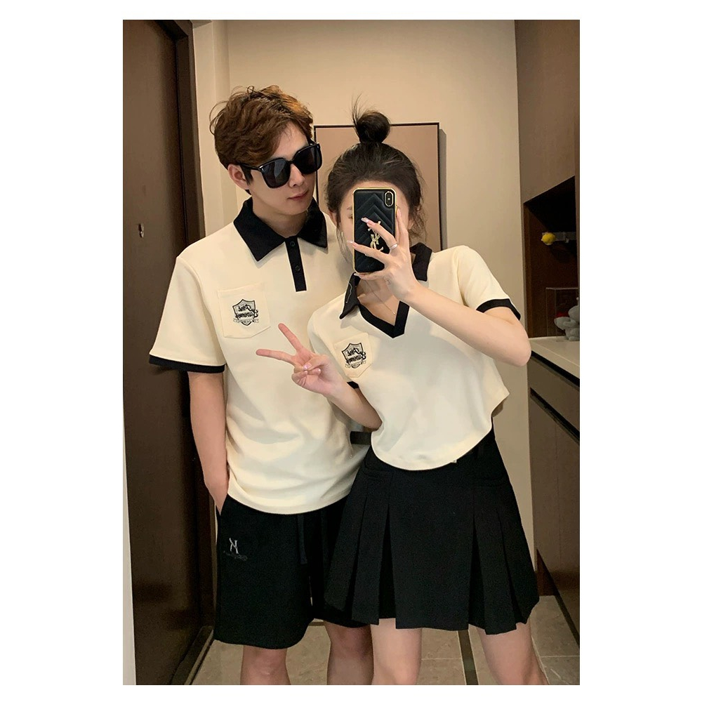 Couple  Polo Set Áo Đôi Nam Nữ Tay Ngắn Thêu Hình Chất Cotton Dày Dặn