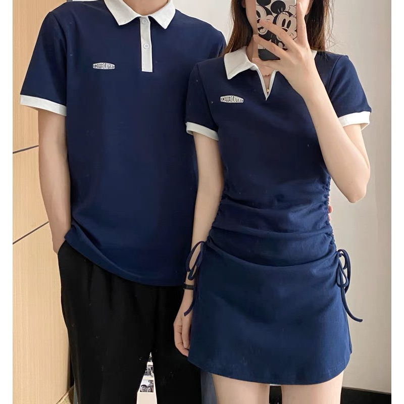 Couple Áo Polo Và Váy Nữ Dáng Ngắn Rút Eo Phong Cách Hàn Quốc