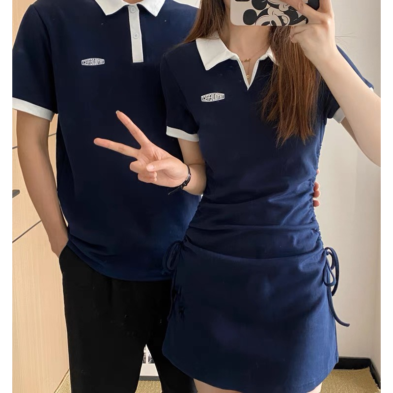 Couple Áo Polo Và Váy Nữ Dáng Ngắn Rút Eo Phong Cách Hàn Quốc