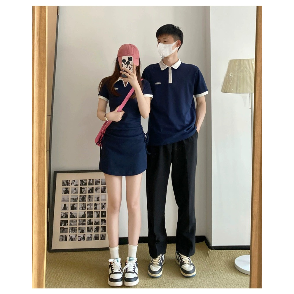 Couple Áo Polo Và Váy Nữ Dáng Ngắn Rút Eo Phong Cách Hàn Quốc