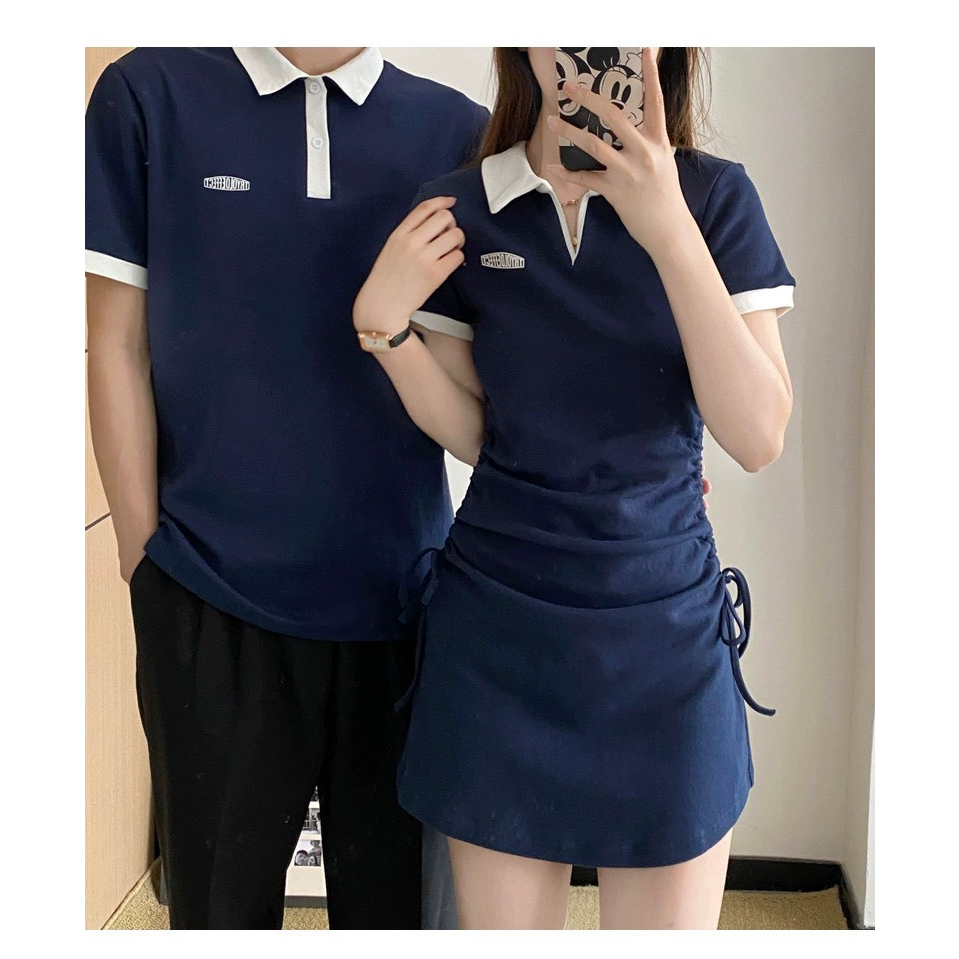 Couple Áo Polo Và Váy Nữ Dáng Ngắn Rút Eo Phong Cách Hàn Quốc