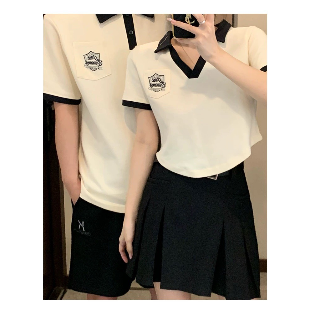 Couple  Polo Set Áo Đôi Nam Nữ Tay Ngắn Thêu Hình Chất Cotton Dày Dặn