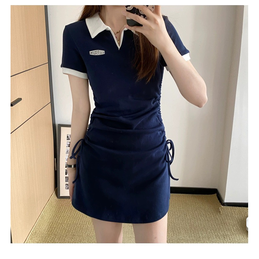 Couple Áo Polo Và Váy Nữ Dáng Ngắn Rút Eo Phong Cách Hàn Quốc