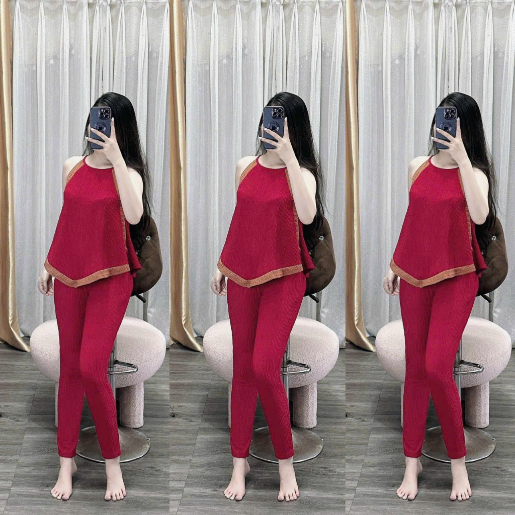 Set bộ thun xốp dài áo cổ yếm phối viền quần dài ống suông nhiều màu sắc cho các nàng lựa chọn