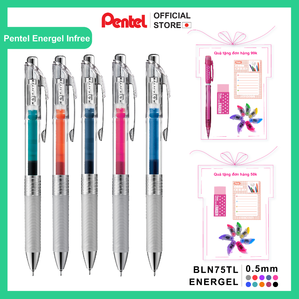 Bút bi gel Energel Infree Pentel thân trong BLN75TL (ngòi 0.5mm)