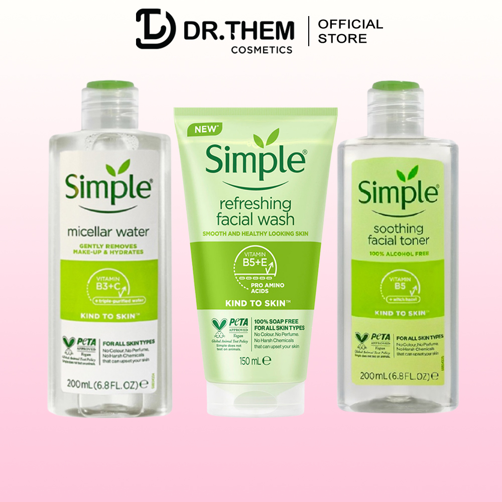 Combo Simple Sữa Rửa Mặt 150ml (Lành Tính) + Tẩy Trang 200ml + Nước Hoa Hồng 200ml Cho Da Sạch Khỏe Đàn Hồi