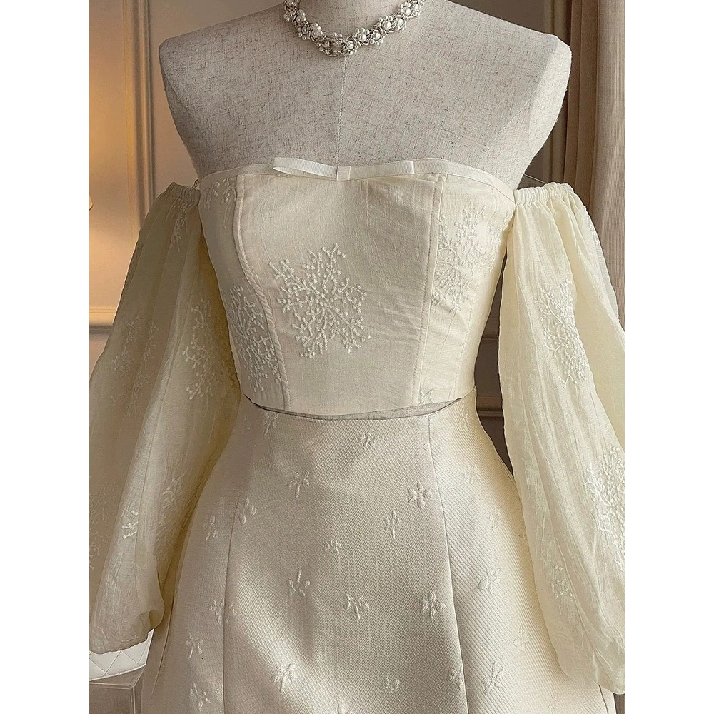 Set Áo Trễ Vai Tay Bồng Mix Chân Váy Chữ A Thiết Kế Tiểu Thư Cao Cấp Sang Chảnh