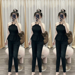 Set đò bộ chất xốp nhập áo cổ yếm cột dây dáng xòe phối quần dài ống đứng sieu xinh - đồ bộ mặc ở nhà - đi chơi