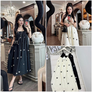 Váy 2 dây đi biển ly ngực họa tiết nơ, đầm maxi 2 dây dáng dài 1 lớp đi biển