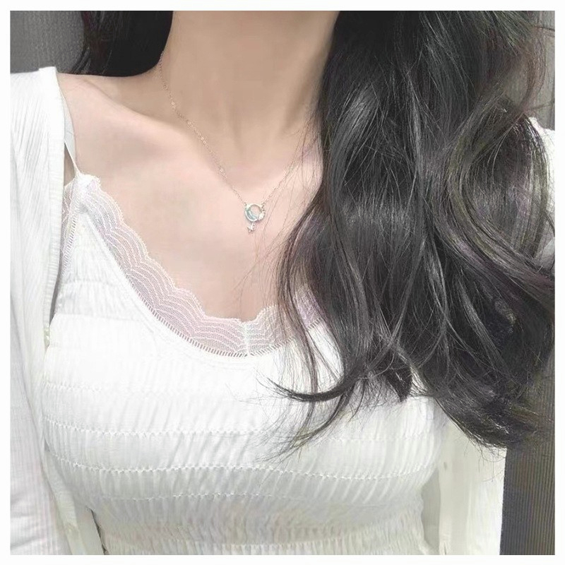 🍒🍒CHERRYKOKO Vòng cổ Mạ Bạc Mặt Trăng Và Ngôi Sao Đính Đá Zircon Xanh