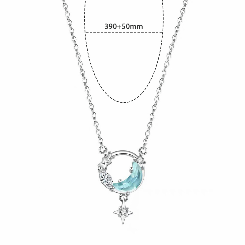 🍒🍒CHERRYKOKO Vòng cổ Mạ Bạc Mặt Trăng Và Ngôi Sao Đính Đá Zircon Xanh
