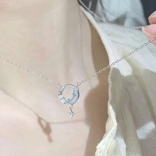 🍒🍒CHERRYKOKO Vòng cổ Mạ Bạc Mặt Trăng Và Ngôi Sao Đính Đá Zircon Xanh