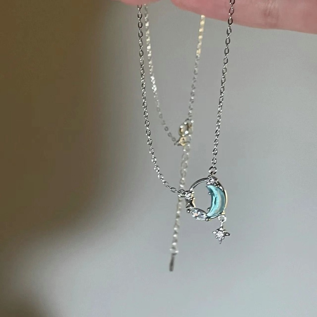 🍒🍒CHERRYKOKO Vòng cổ Mạ Bạc Mặt Trăng Và Ngôi Sao Đính Đá Zircon Xanh