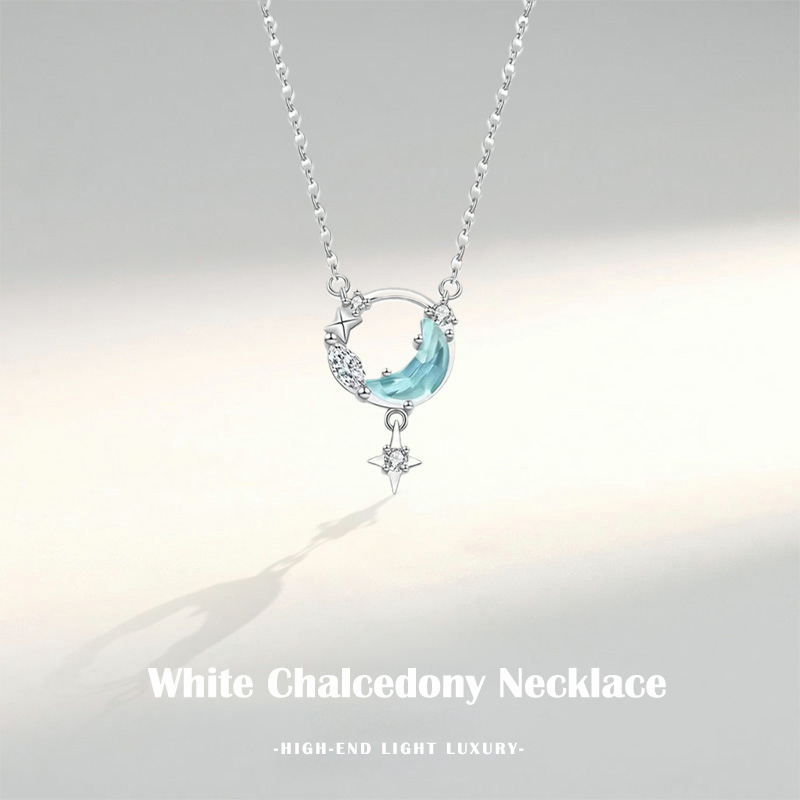 🍒🍒CHERRYKOKO Vòng cổ Mạ Bạc Mặt Trăng Và Ngôi Sao Đính Đá Zircon Xanh