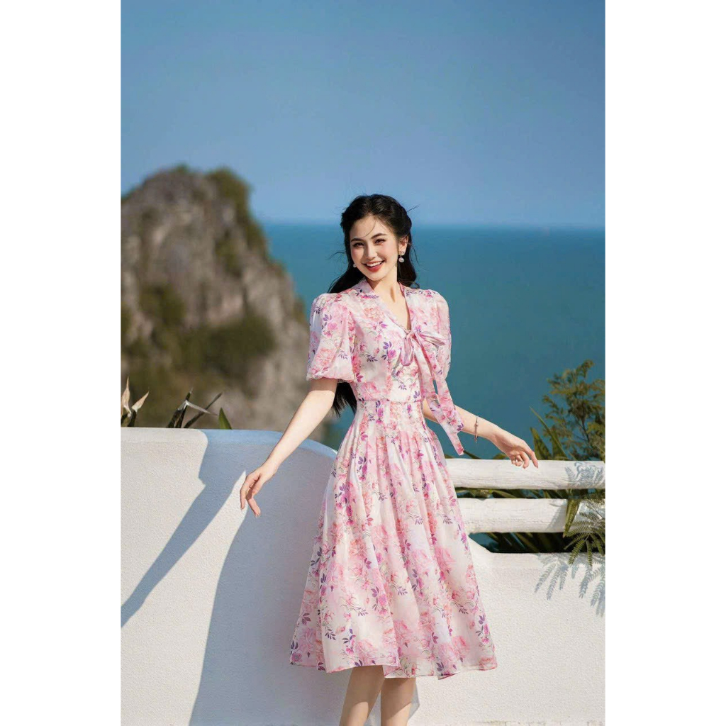 Váy đầm nữ công sở dây buộc nơ trước cổ giản dị thanh lịch cho dân văn phòng