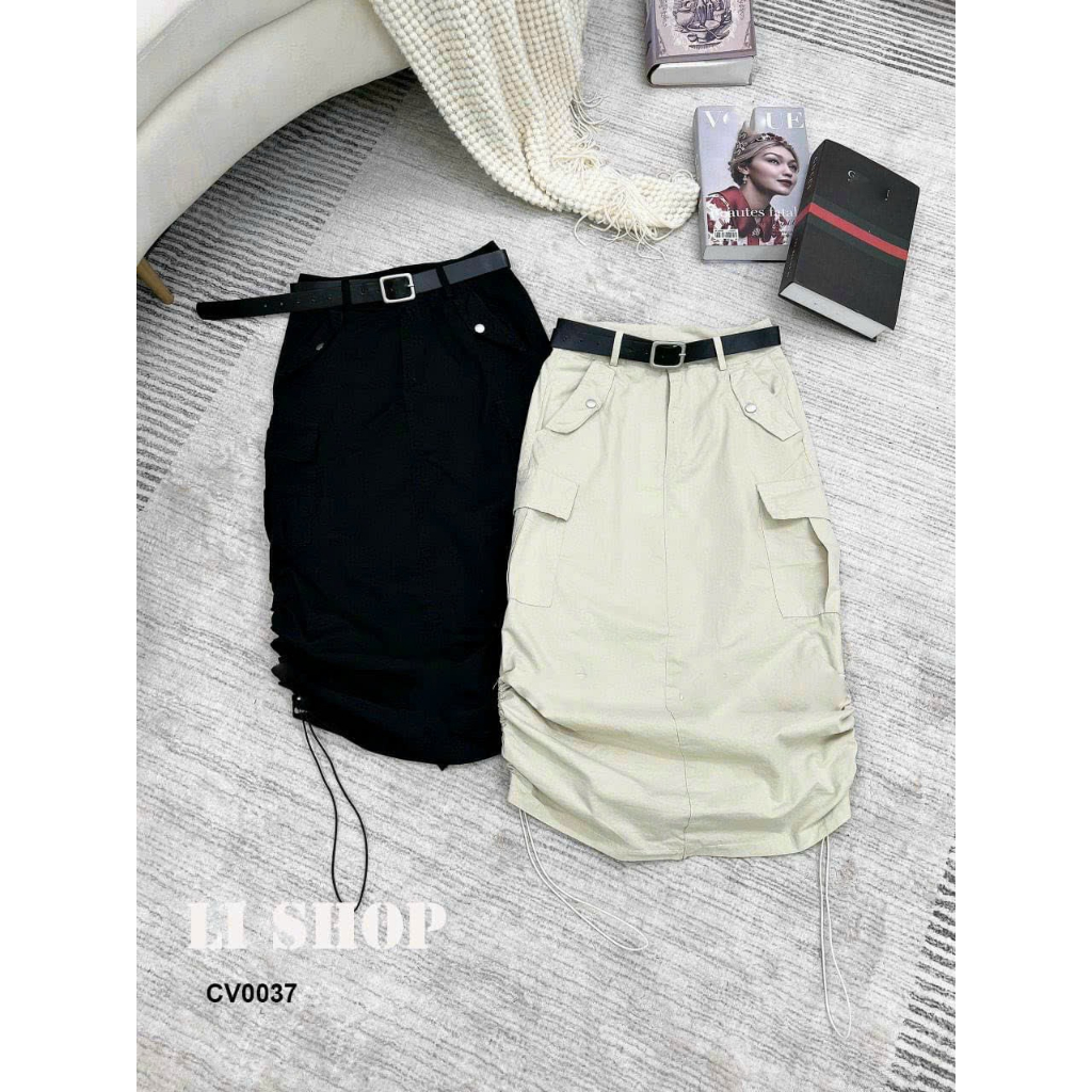 Chân váy kaki dáng dài phối dây rút hông siêu hot