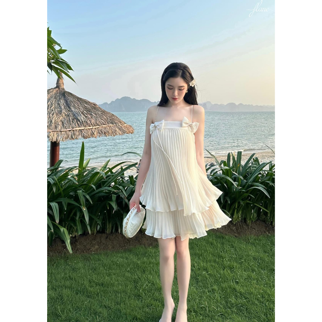 Set áo hai dây kèm chân váy xếp ly voan 2 lớp, bộ áo váy xếp ly sang chảnh đi biển DELIZ