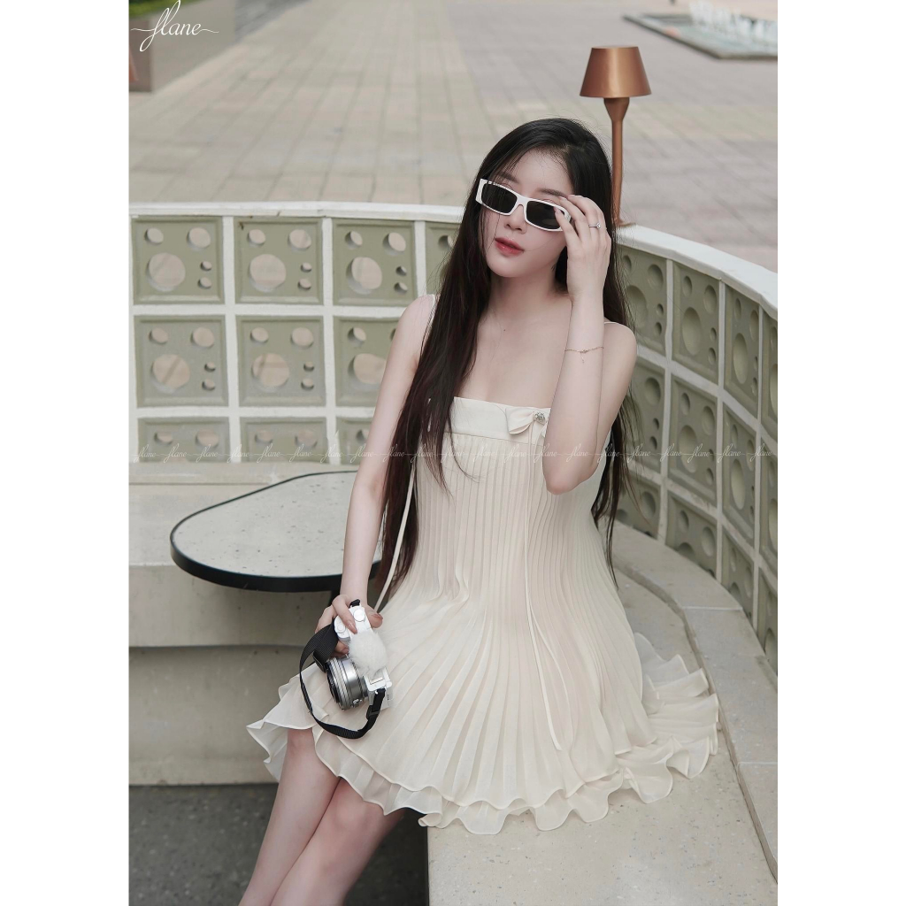 Set áo hai dây kèm chân váy xếp ly voan 2 lớp, bộ áo váy xếp ly sang chảnh đi biển DELIZ