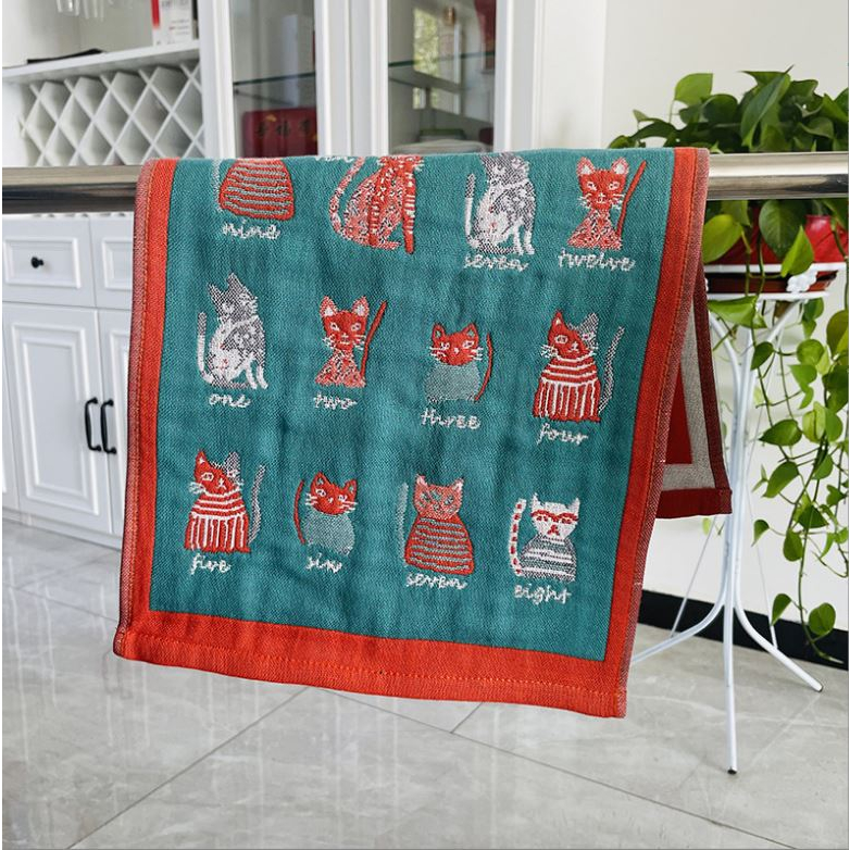 Khăn mặt xô organic size 35*75cm - Mèo nhiều màu nền xanh