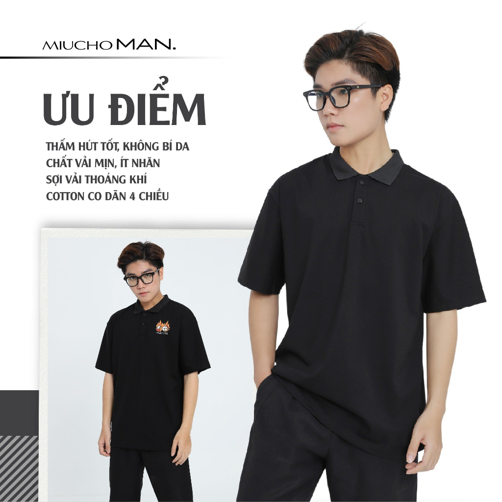 Áo polo nam form rộng đẹp PLD176 Miucho tay lỡ vải cotton mềm mại cho nam Typography