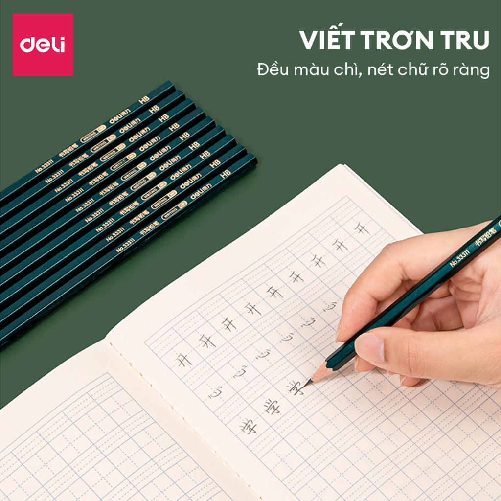 Vỉ 10 Bút Chì Gỗ 2B HB Học Sinh Deli - Chì Đậm An Toàn Nhạy Với Máy Chấm Thi Dễ Tẩy Xóa Vẽ Tranh Tập Viết Ghi Bài Sổ Vở