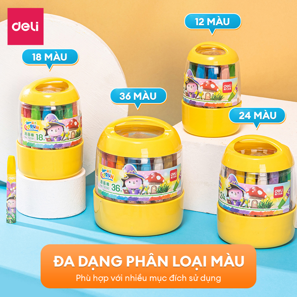 Bút Sáp Dầu Học Sinh Hộp Nhựa Deli - 12/18/24 Màu Sắc Tươi Sáng An Toàn Ít Mùi - Tô Màu Vẽ Tranh Mỹ Thuật Trẻ Nhỏ Cấp 1