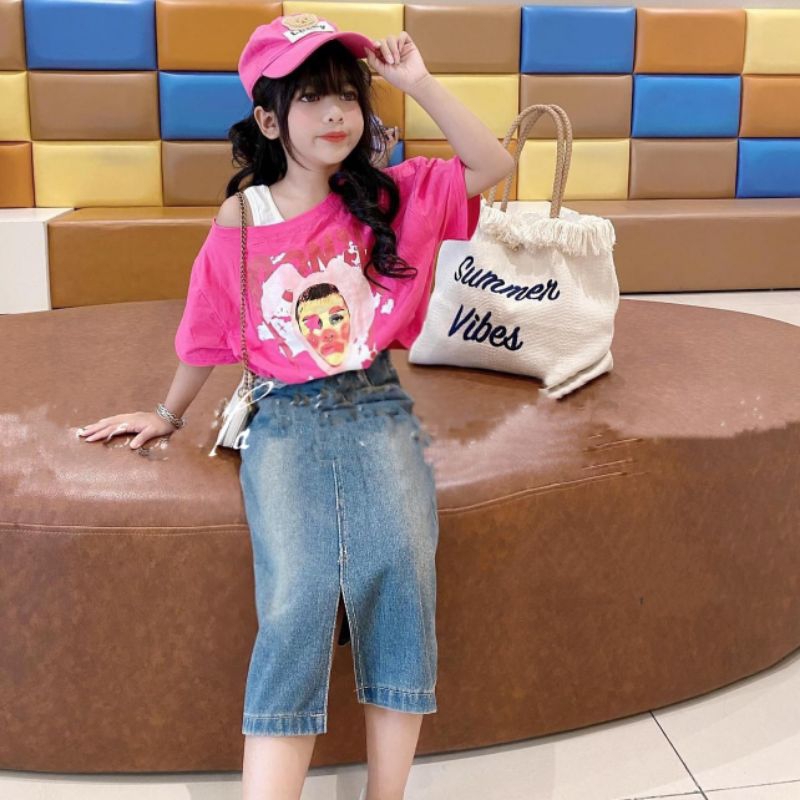 Set  áo kép lệch vai kèm chân váy jean sang chảnh xinh xắn bé gái