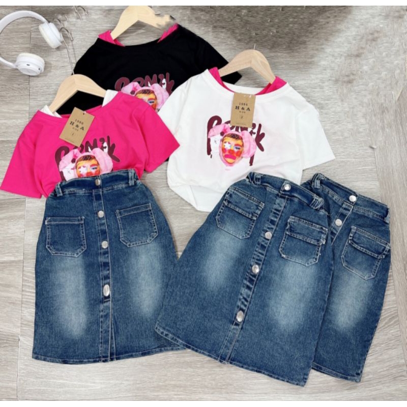 Set  áo kép lệch vai kèm chân váy jean sang chảnh xinh xắn bé gái