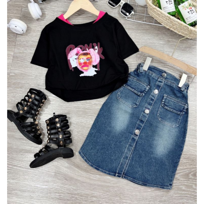 Set  áo kép lệch vai kèm chân váy jean sang chảnh xinh xắn bé gái