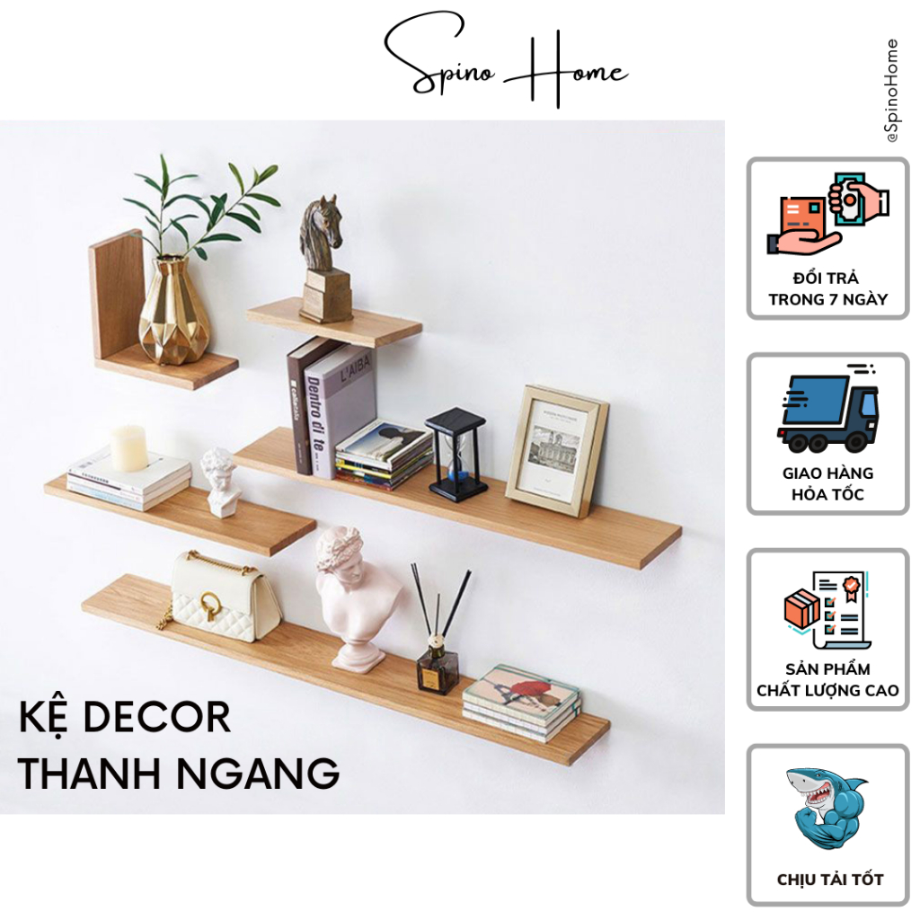 Kệ gỗ treo tường thanh ngang Spino Home nhiều kích thước tặng kèm bộ phụ kiện tốt nhất decor phòng khách, phòng ngủ