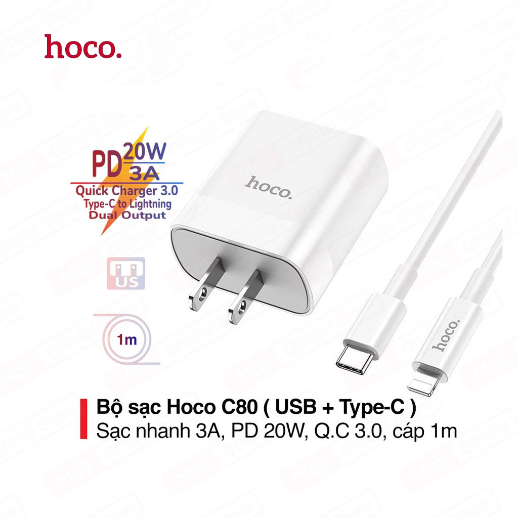 Bộ sạc Hoco C80 và cáp PD 20W Lighting, 2 cổng sạc USB và Type-C (PD), chuẩn PD3.0, sạc nhanh 3A, công suất 20W
