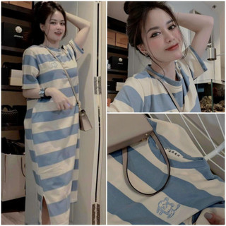 Đầm suông kẻ xanh thêu hình hổ, váy xuông nữ cộc tay dáng dài năng động  Họa Tiết Kẻ Xanh Tươi Mát