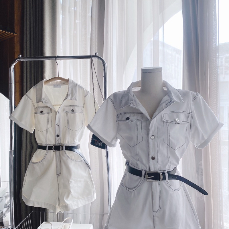 JUMSUIT TRẮNG CỔ SƠ MI TAY PHỒNG KÈM NỊT