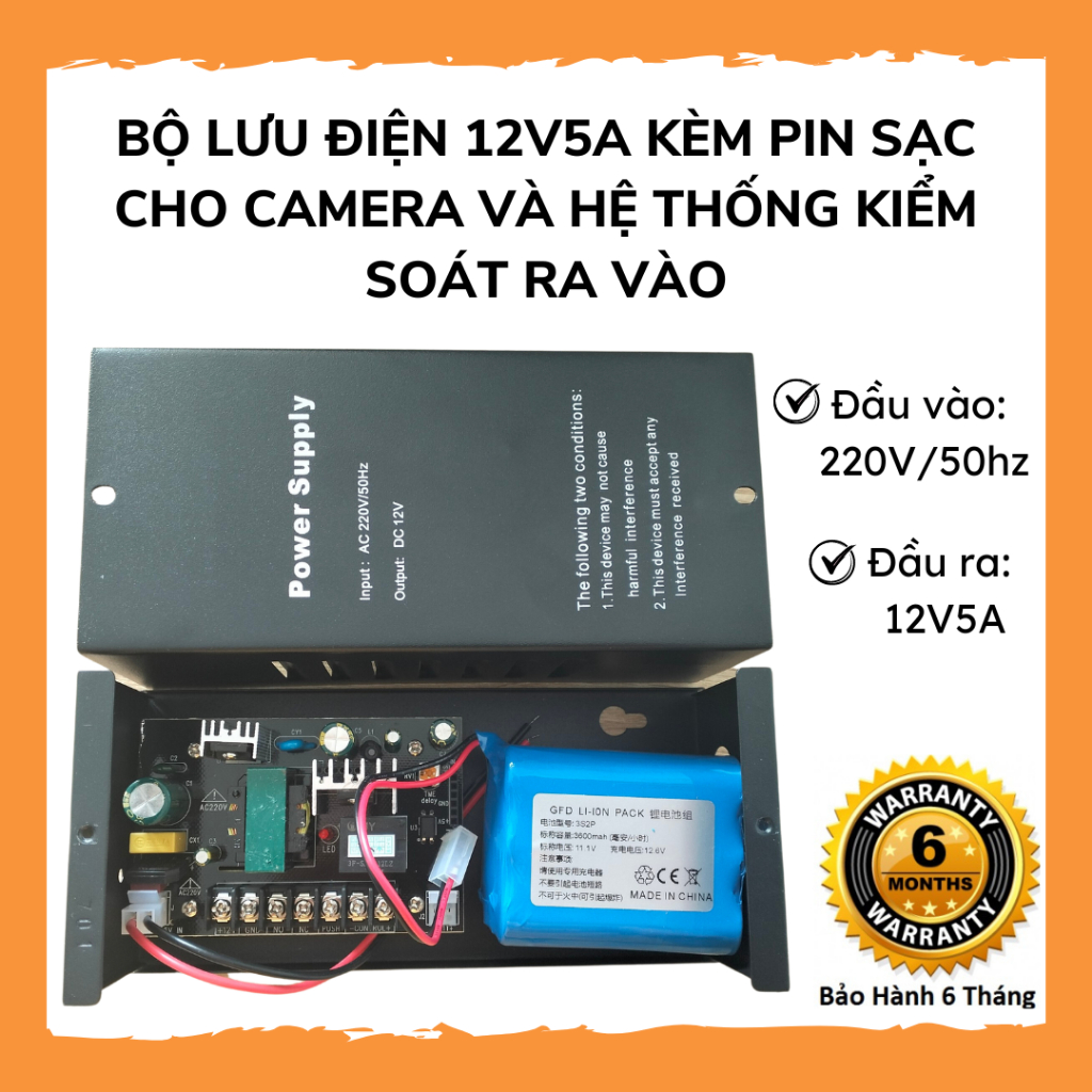 Bộ Lưu Điện 12v5a UPS Cho Camera, Modem Wifi, Kiểm Soát Cửa, Khóa Điện,... Khi Mất Điện KÈM PIN SẠC
