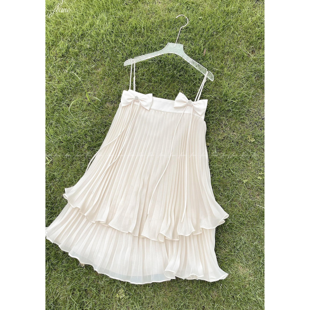 Set áo hai dây kèm chân váy xếp ly voan 2 lớp, bộ áo váy xếp ly sang chảnh đi biển DELIZ