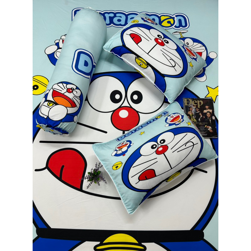 Mẫu Doremon . Bộ chăn ga gối thun lạnh 5D ôm khoá kéo nhận may theo yêu cầu