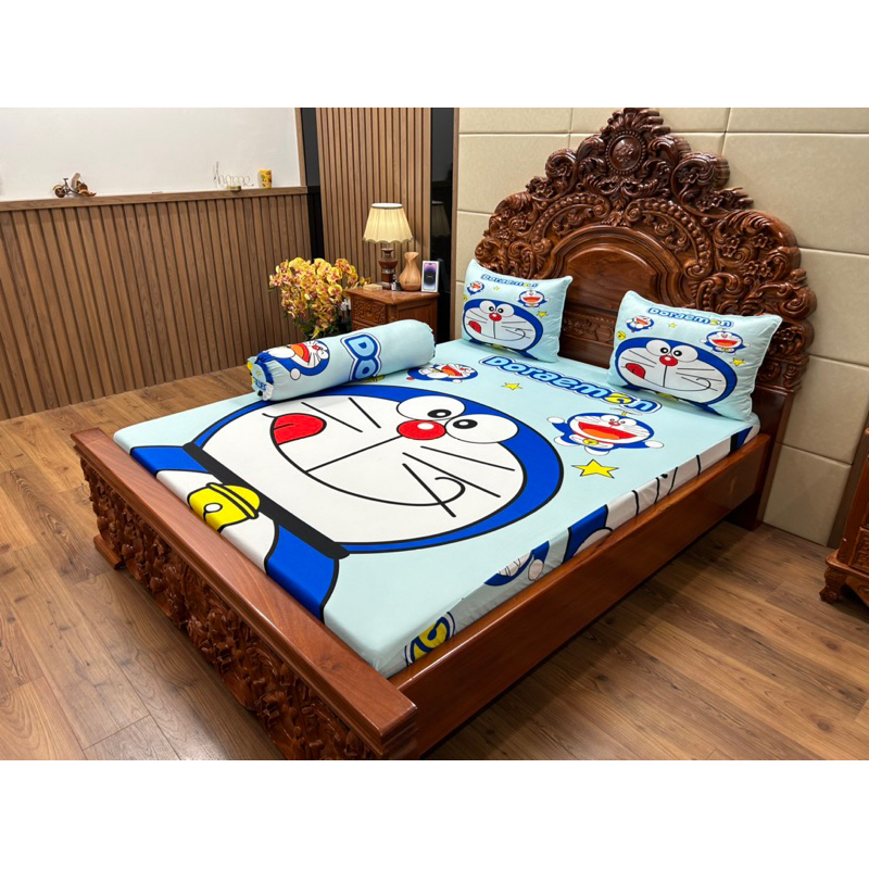 Mẫu Doremon . Bộ chăn ga gối thun lạnh 5D ôm khoá kéo nhận may theo yêu cầu