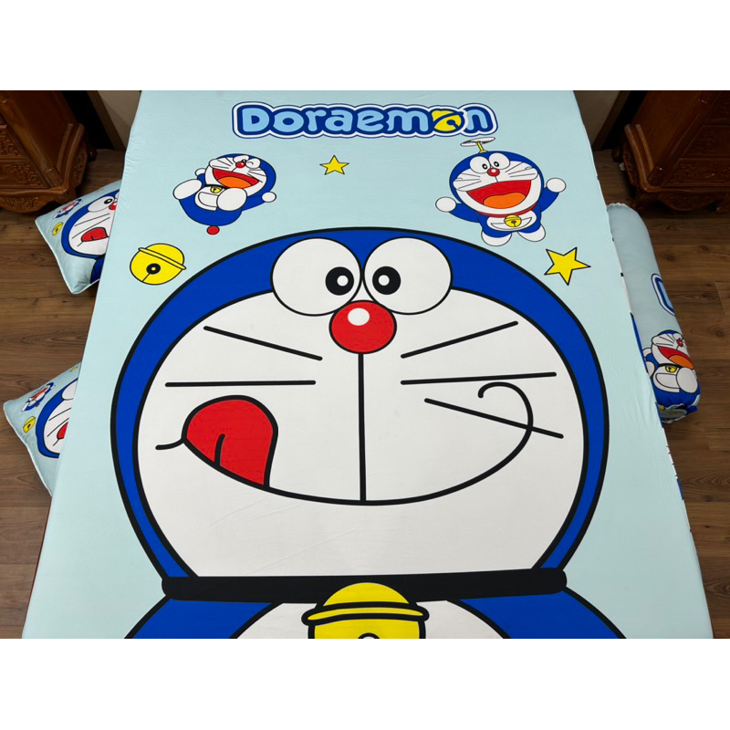 Mẫu Doremon . Bộ chăn ga gối thun lạnh 5D ôm khoá kéo nhận may theo yêu cầu