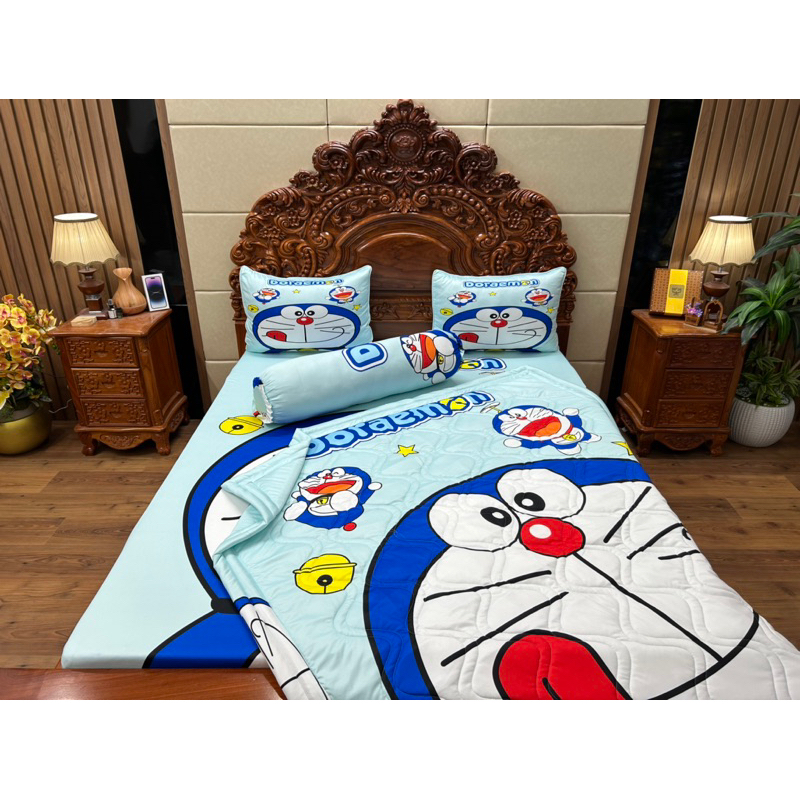 Mẫu Doremon . Bộ chăn ga gối thun lạnh 5D ôm khoá kéo nhận may theo yêu cầu
