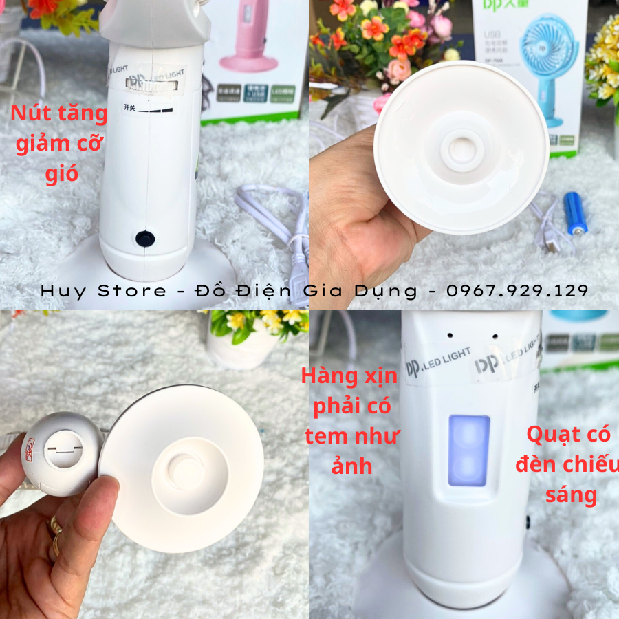 Quạt sạc mini cầm tay DP-7606 , Quạt sạc mini cầm tay chính hãng DP Electric tích hợp đèn Led siêu sáng để bàn Huy Store