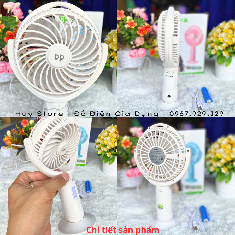 Quạt sạc mini cầm tay DP-7606 , Quạt sạc mini cầm tay chính hãng DP Electric tích hợp đèn Led siêu sáng để bàn Huy Store