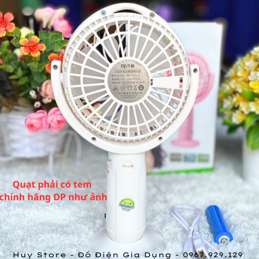 Quạt sạc mini cầm tay DP-7606 , Quạt sạc mini cầm tay chính hãng DP Electric tích hợp đèn Led siêu sáng để bàn Huy Store