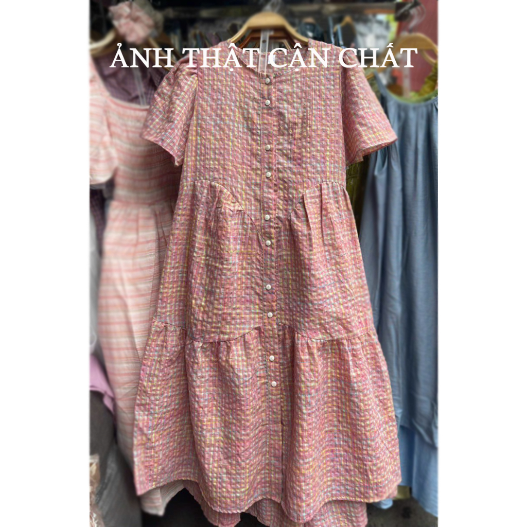 Váy nữ xinh, Váy babydoll dáng dài xếp tầng phối khuy kẻ sọc chất xốp mềm