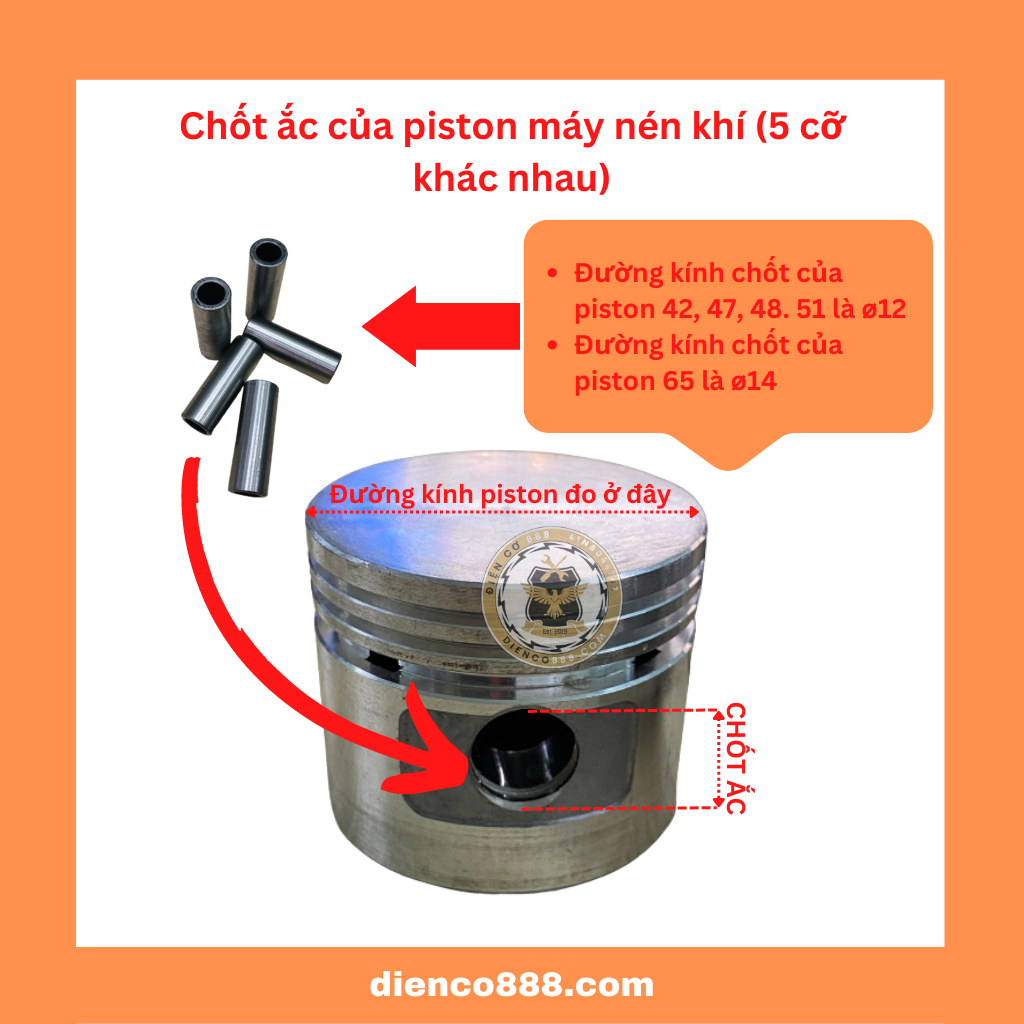 (Combo 2 cái) Chốt ắc piston máy nén khí các cỡ piston ø42, ø47, ø48, ø51 và ø65