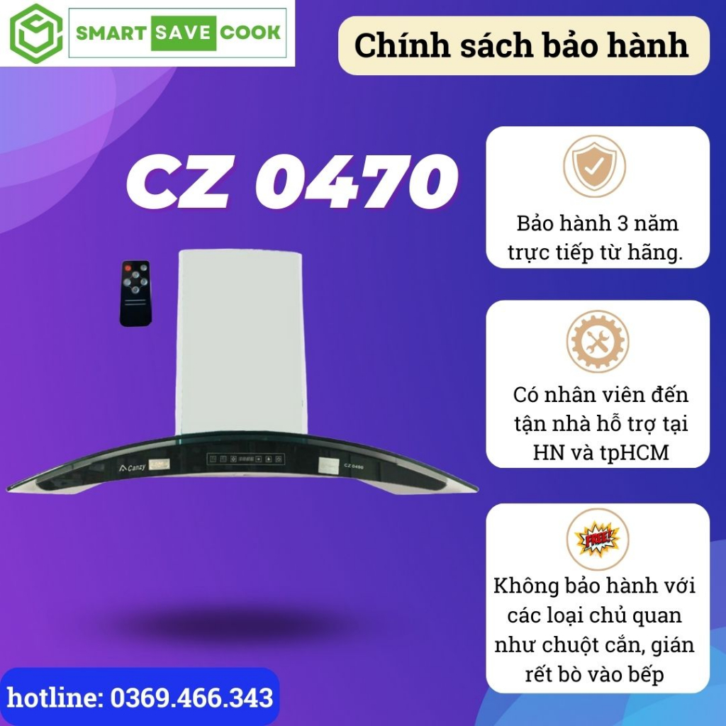 Máy hút mùi Canzy CZ 0470 máy hút khói kính cong cao cấp thiết kế hiện đại khử mùi hiệu quả công nghệ Đức BH 3 năm